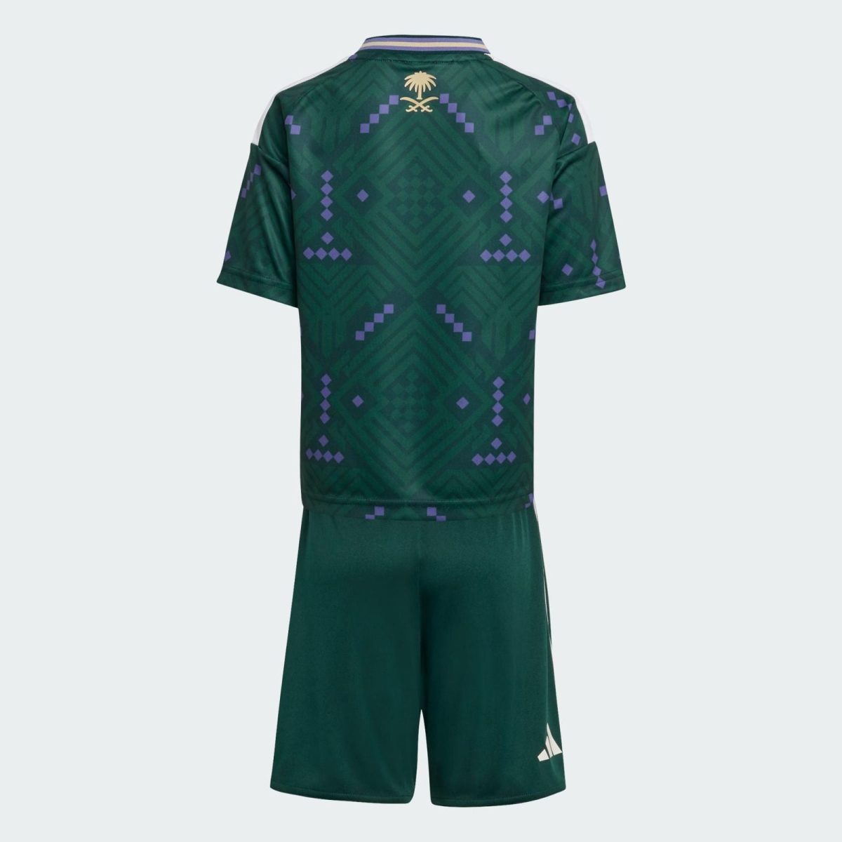 Back view of a green soccer jersey with purple geometric patterns, white shoulder stripes, and a gold palm crest; matching green shorts visible below.