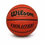 Orange Wilson Evolution indoor basketball with black seams and logo text visible on a white background, textured surface clearly shown.