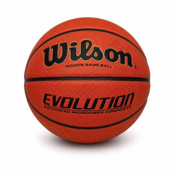 Orange Wilson Evolution indoor basketball with black seams and logo text visible on a white background, textured surface clearly shown.