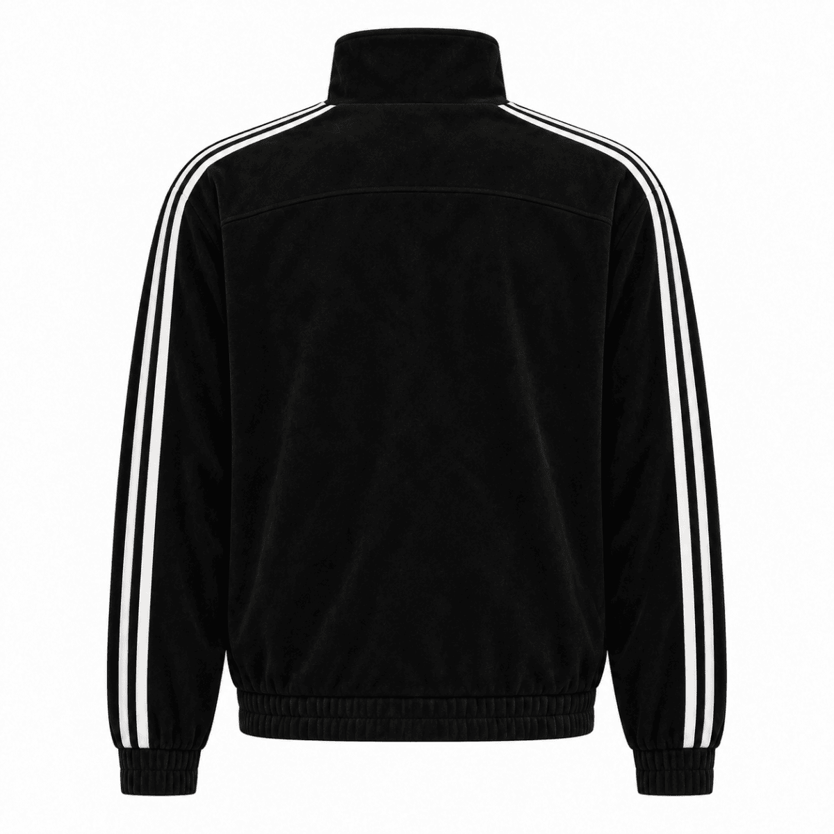 Black adidas casual jacket with white stripes on sleeves, high collar, and elastic cuffs.