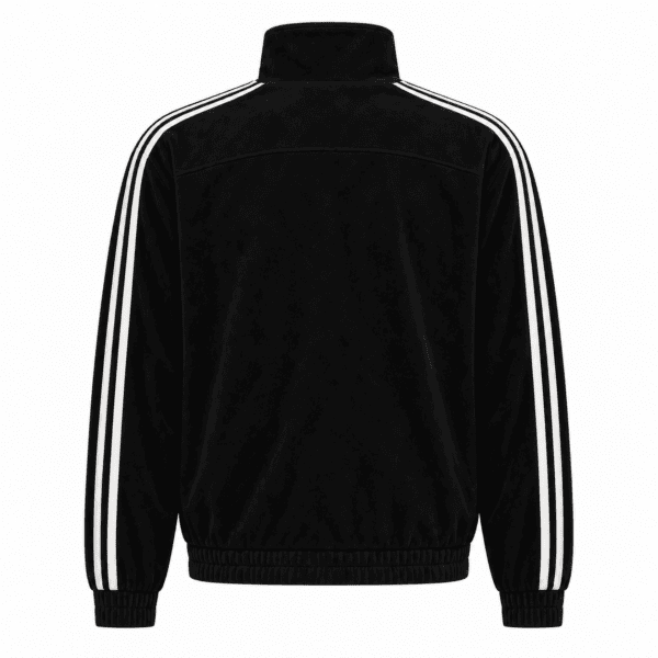 Black adidas casual jacket with white stripes on sleeves, high collar, and elastic cuffs.