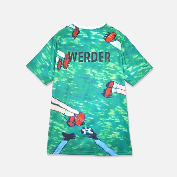 Bright green graphic T-shirt with multiple cartoon arms kicking a soccer ball and the word 'WERDER' across the back.