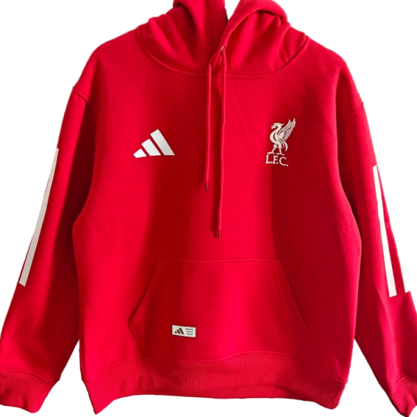 Red hoodie with white Adidas logo and LFC crest, white stripes on sleeves, front pocket, and drawstrings.