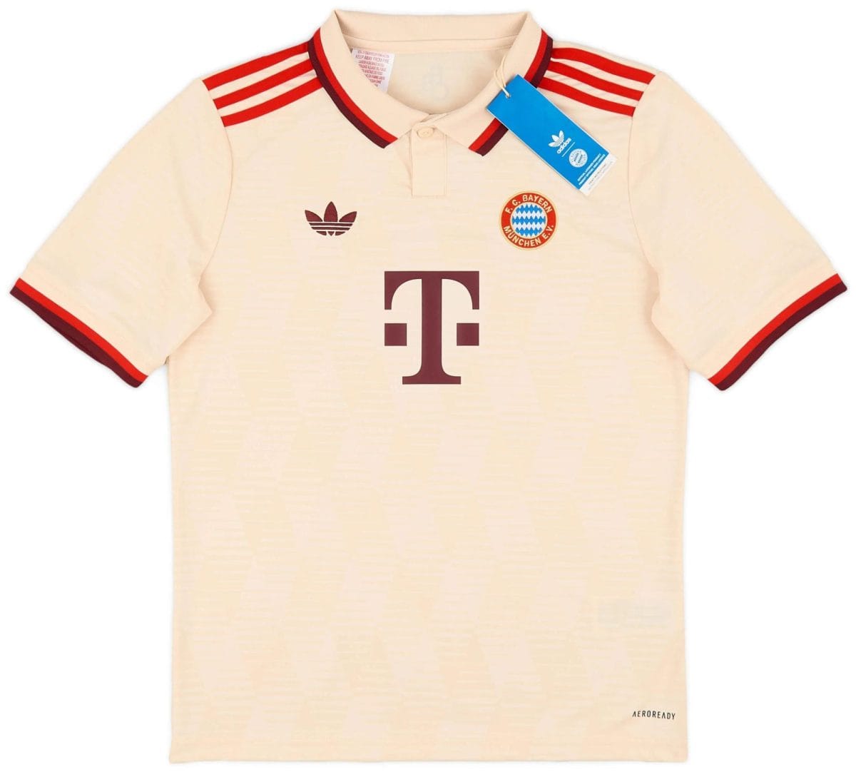 Cream polo shirt with red-striped collar and Bayern Munich crest on the chest, plus Adidas logo and blue tag attached.