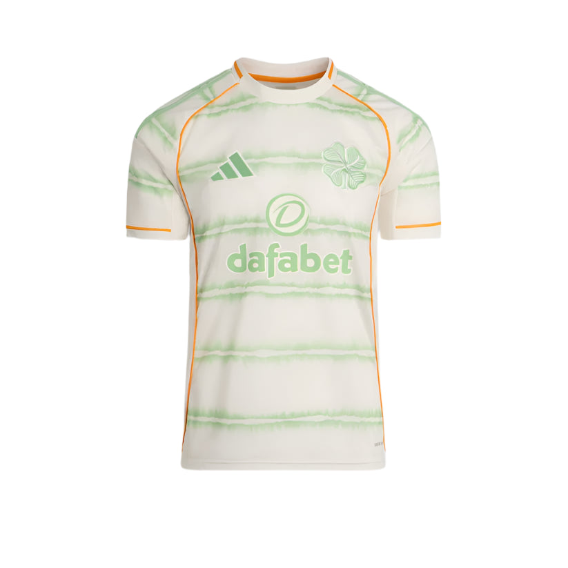 celtic-men-s-2025-26-third-shirt-1180888100 | UAE SPORT STORE White soccer jersey with light green tie-dye stripes, orange piping, and Dafabet sponsor logo on the front.