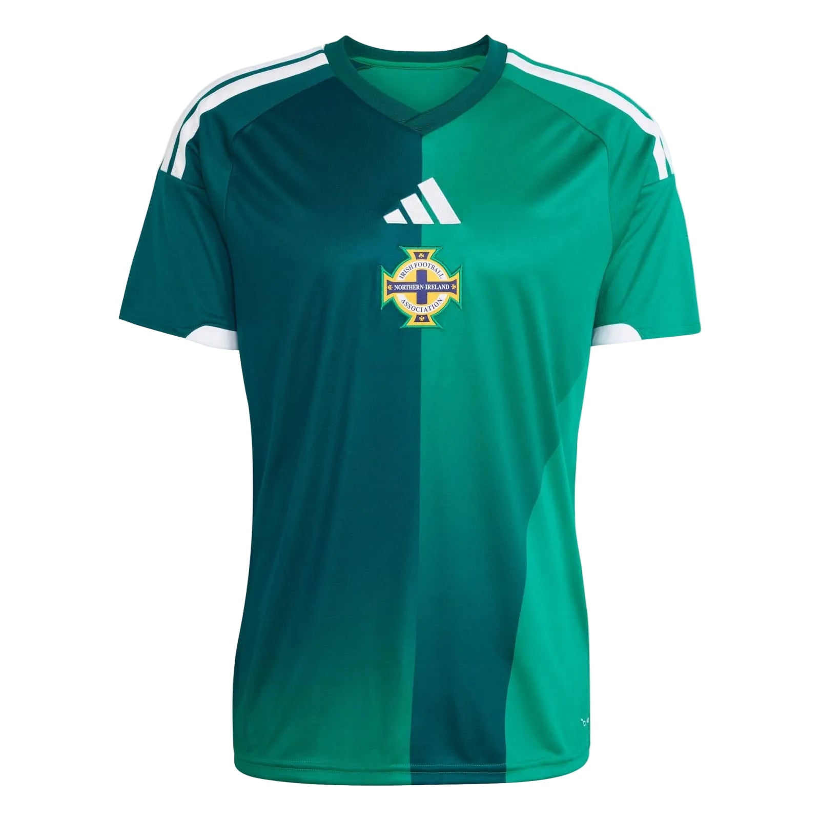 cf493254-ecb4-4b47-9d06-692058cae013 Green Irish football jersey featuring the NI crest and white Adidas logo on the chest.