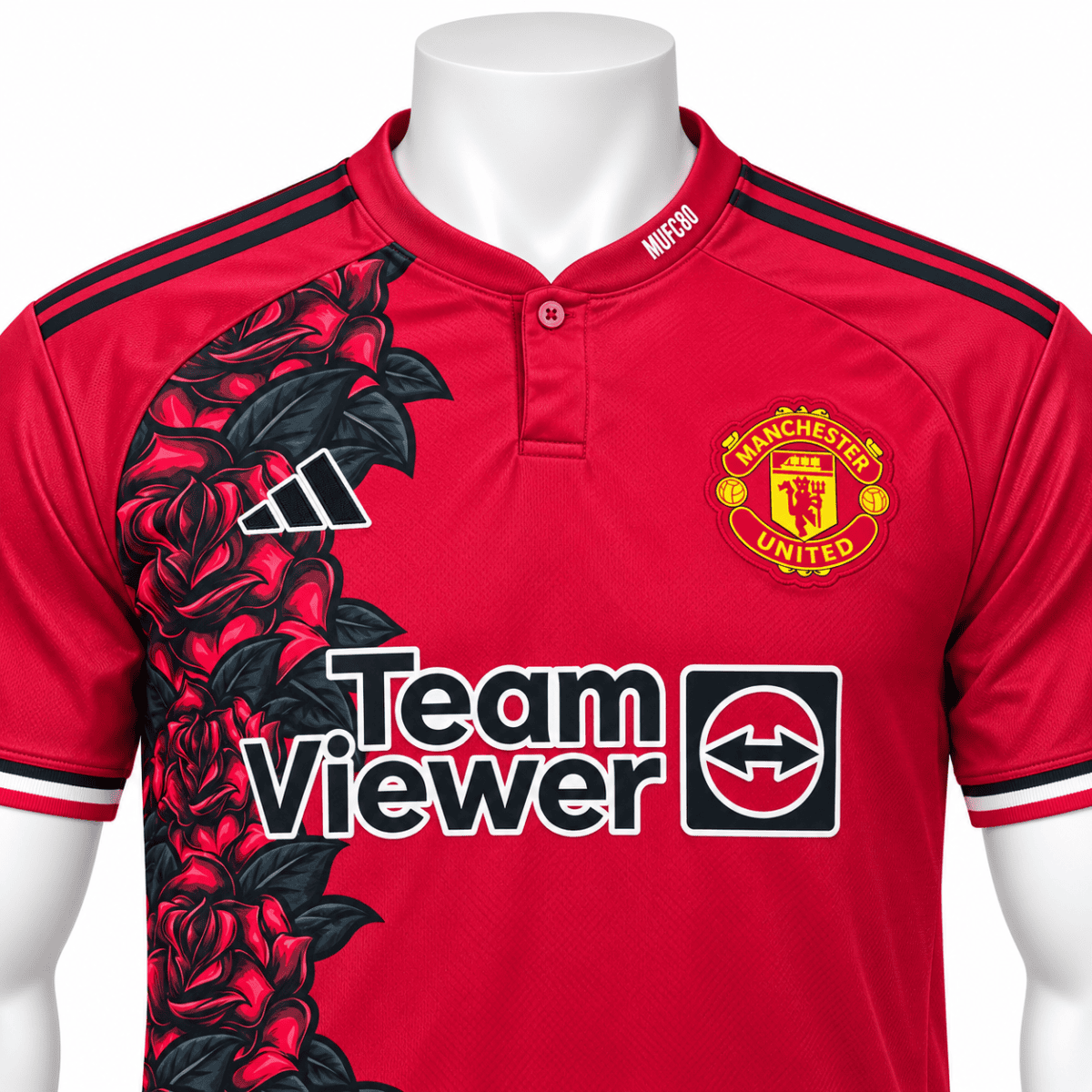 Manchester United 2025/26 home jersey with floral design and TeamViewer logo.