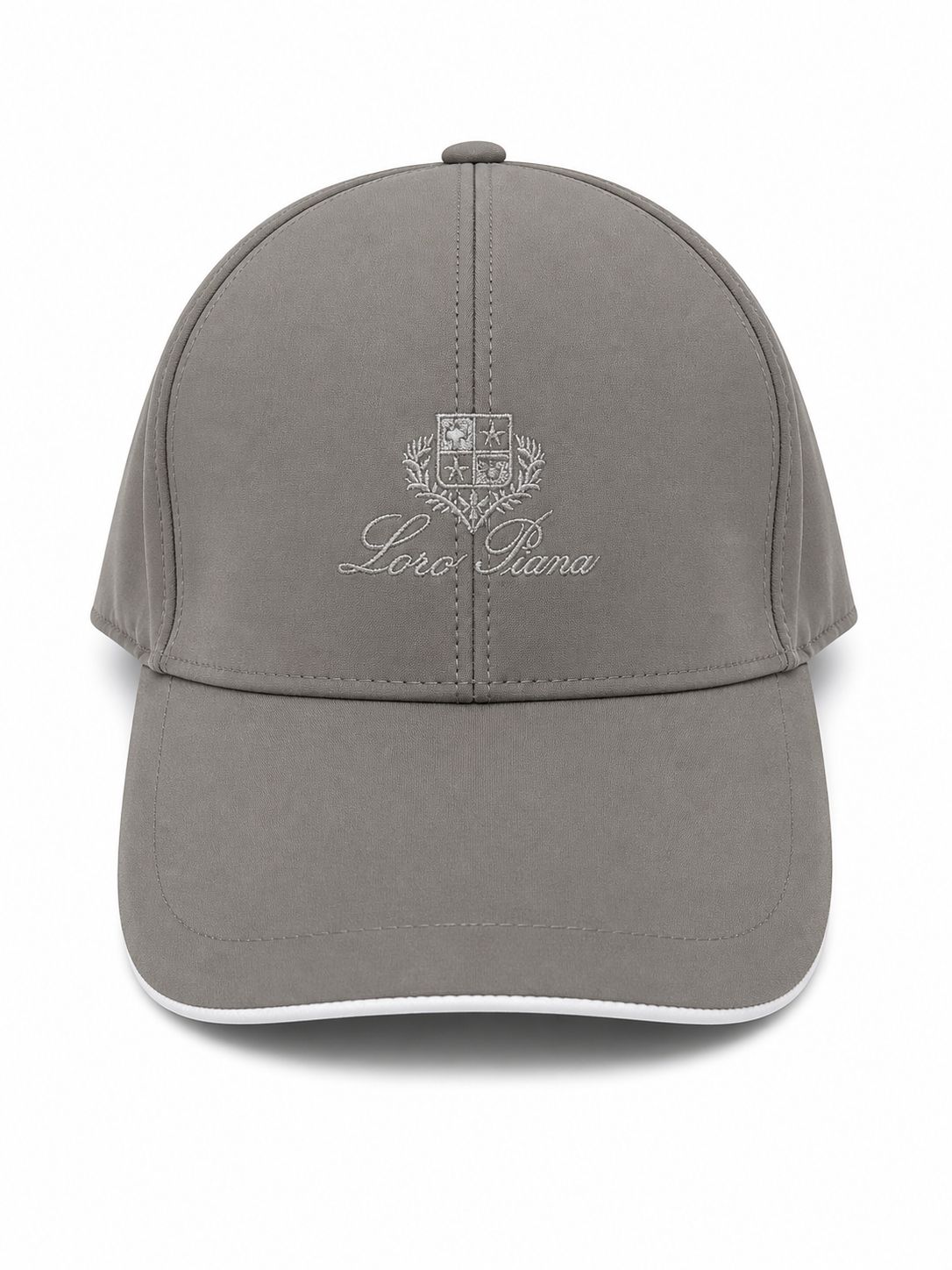 cfdc989e-11a5-4cae-9d3f-62e23beee48b | UAE SPORT STORE Grey baseball cap with an embroidered crest and 'Loro Piana' script on the front.