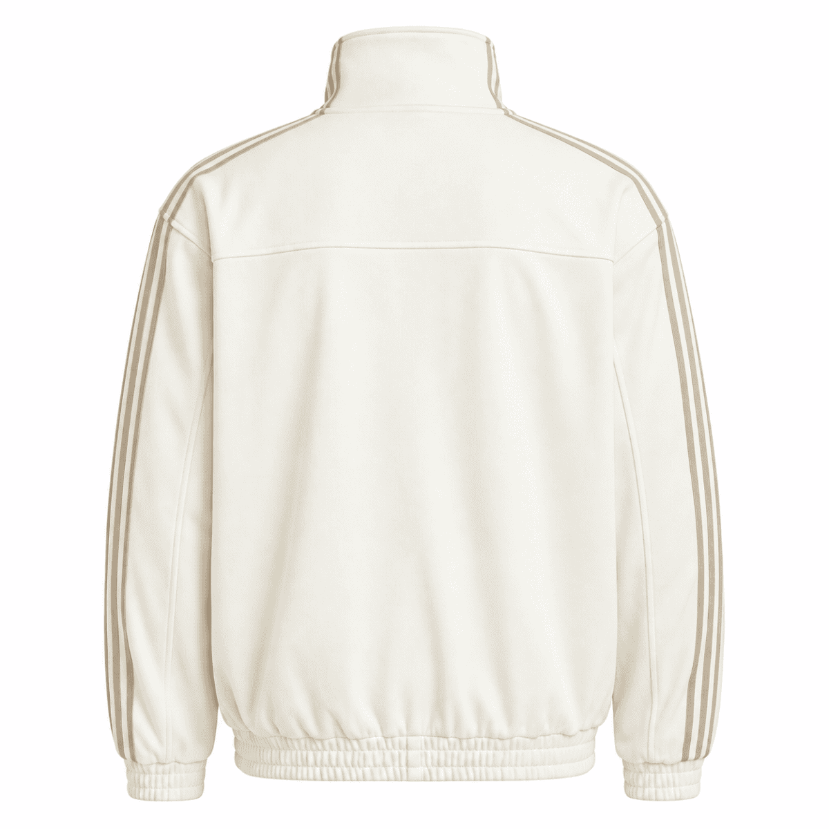 Beige casual jacket with beige stripes on sleeves, high collar, and elastic hem.