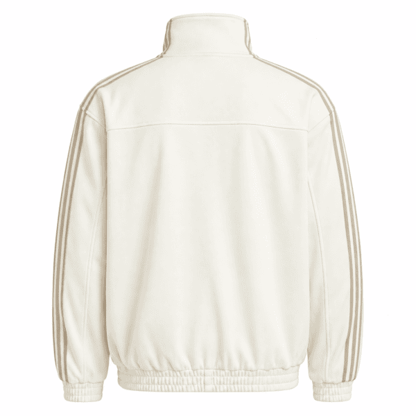 Beige casual jacket with beige stripes on sleeves, high collar, and elastic hem.