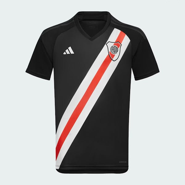 Black soccer jersey with a diagonal red and white sash across the front, club crest on the chest and Adidas logo.