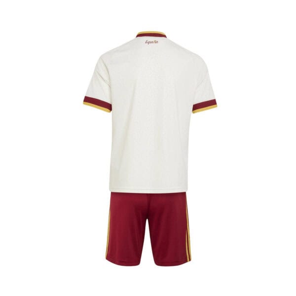 Back view of Spain national team home kit: white jersey with red and gold trim and red shorts with gold side stripes.