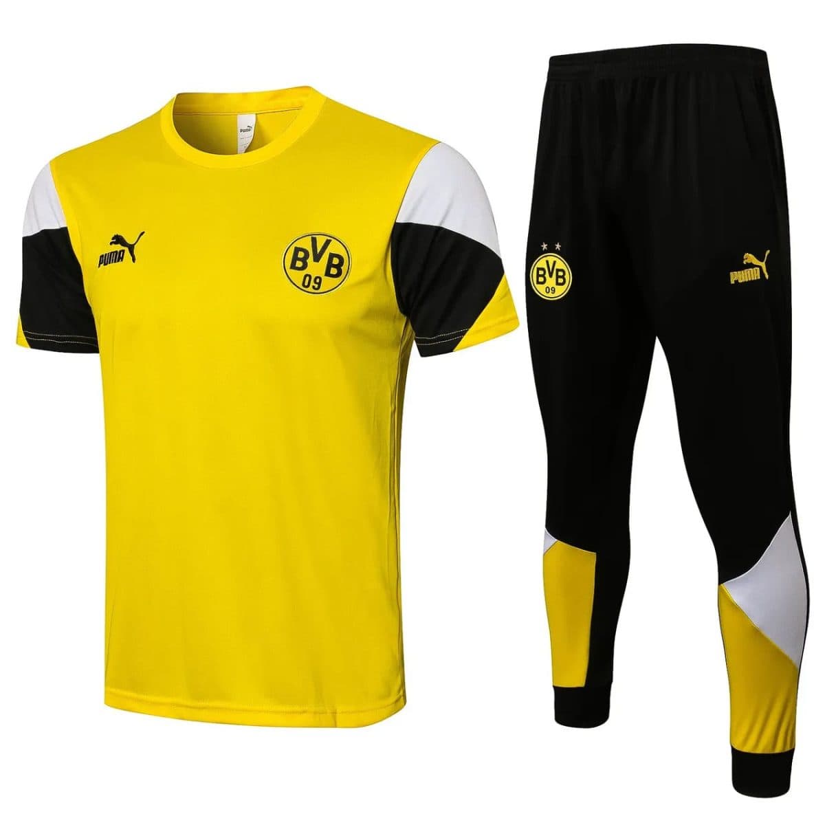 Borussia Dortmund yellow home jersey with black and white sleeves and matching black pants with BVB logo.