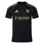 cr | UAE SPORT STORE Black soccer/football jersey with gold piping on shoulders, crest on left chest, Adidas logo, and SBOTOP sponsor across the front.