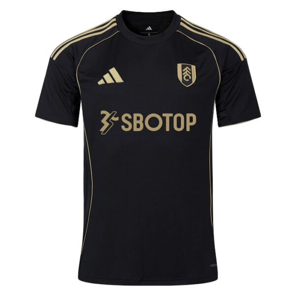 Black soccer/football jersey with gold piping on shoulders, crest on left chest, Adidas logo, and SBOTOP sponsor across the front.