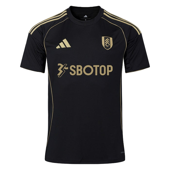 cr | UAE SPORT STORE Black soccer/football jersey with gold piping on shoulders, crest on left chest, Adidas logo, and SBOTOP sponsor across the front.