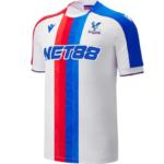 White soccer jersey with red and blue vertical stripes and NET88 sponsor logo on the chest, blue sleeve on the right, team crest on the left chest.