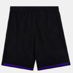 Black athletic shorts with an elastic waistband and subtle mesh texture; purple trim along the leg openings.