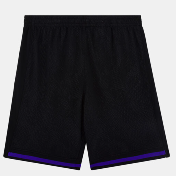 Black athletic shorts with an elastic waistband and subtle mesh texture; purple trim along the leg openings.