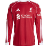 Red Liverpool FC football jersey with white sponsor and logos, featuring Adidas stripes on sleeves and crest on chest.