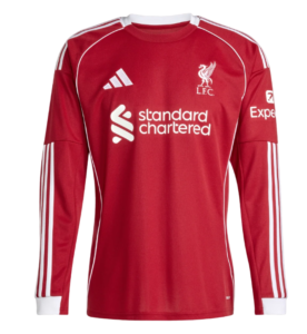 Red Liverpool FC football jersey with white sponsor and logos, featuring Adidas stripes on sleeves and crest on chest.