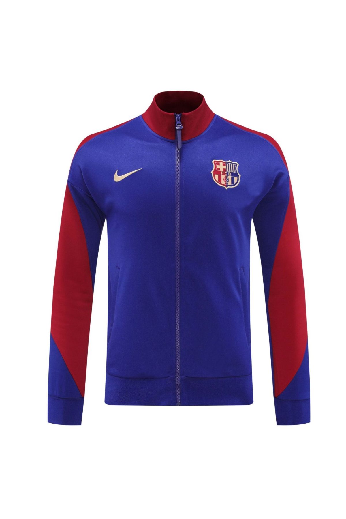 Front view of a blue FC Barcelona tracksuit jacket with red sleeves, Nike swoosh, and Barça crest on the chest.