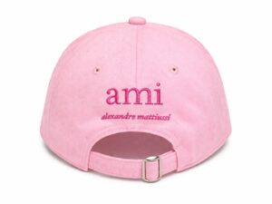 Pink cap viewed from the back with pink embroidery reading 'ami' and 'alexandre mattiussi', and an adjustable strap with a metal buckle.