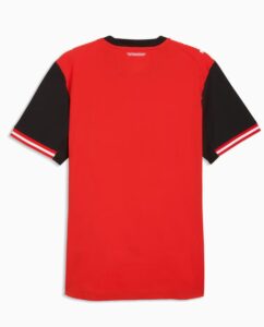 Red short-sleeve T-shirt with black raglan sleeves and white-and-red striped cuffs, on white background