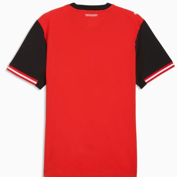 Red short-sleeve T-shirt with black raglan sleeves and white-and-red striped cuffs, on white background
