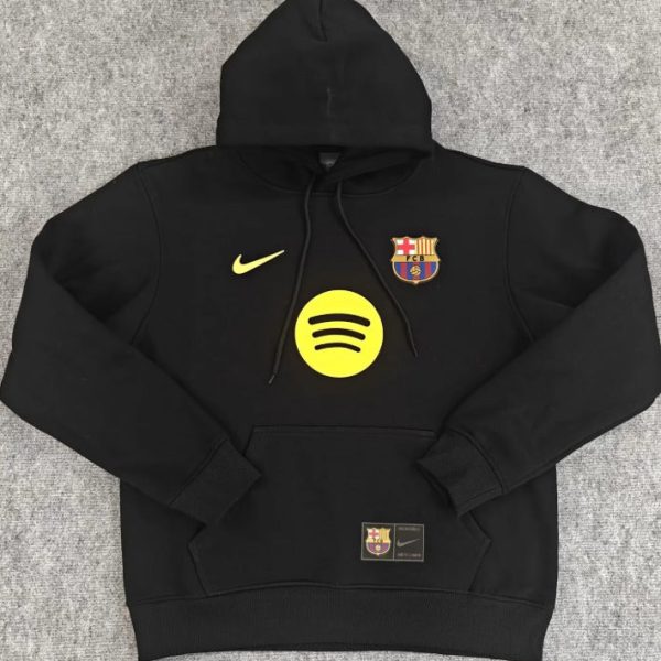 Black FC Barcelona hoodie with yellow Nike swoosh and Spotify logo on the chest.