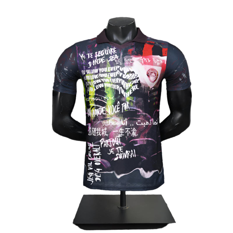 d0c0243eae-07d6810c2d92dd537417403284031439-1024-1024 Men's polo shirt with a navy background and colorful graffiti print, displayed on a black mannequin with a burgundy collar.