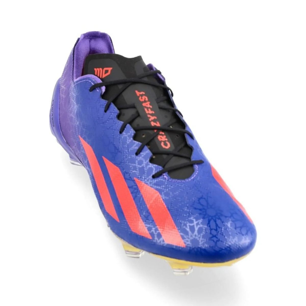 Close-up of a purple and blue athletic boot with orange accents and black laces, viewed from above.