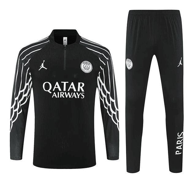 d1399197-f626-4d69-8789-05945cd953b0 Black PSG training tracksuit with white piping, featuring the PSG crest and Qatar Airways sponsor on the jersey, and 'PARIS' on the leg.