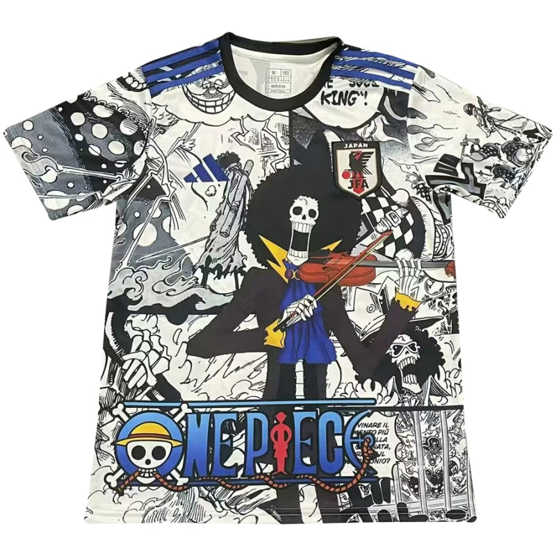 d20ba2ffd183afc3-1-800x800-1 | UAE SPORT STORE Graphic One Piece T-shirt featuring a black skeleton character with a violin and blue scarf, surrounded by comic-style drawings and the One Piece logo at the bottom.