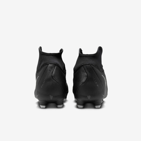 Rear view of two black soccer cleats with knit collars on a white background, showing the heels.