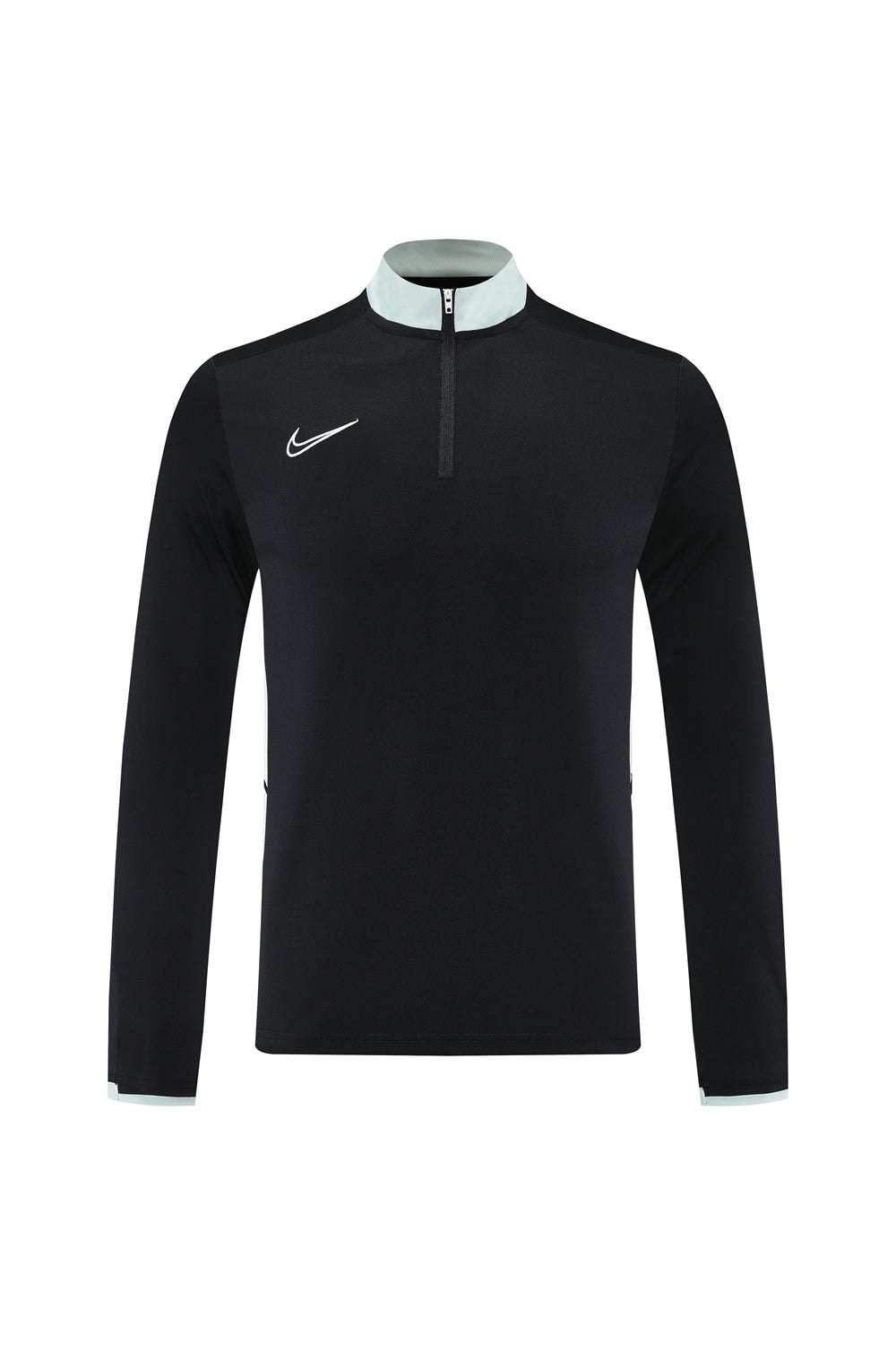 d2d43134 | UAE SPORT STORE Black long-sleeve athletic top with light blue collar and cuffs, half-zip front, Nike swoosh logo on chest.