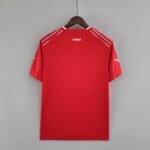 Red athletic jersey on a wooden hanger against a gray wall, with the word 'suisse' visible on the back collar area.