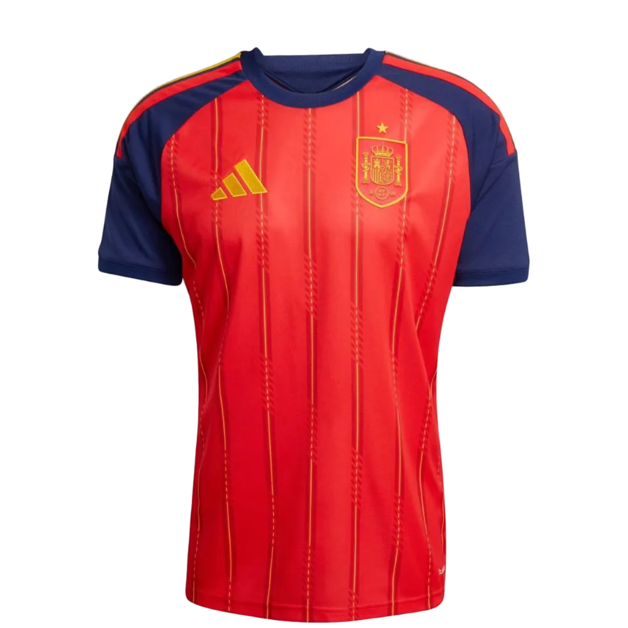 d3cd602d-2887-4c9f-840a-dd240f8852e7 Red Spain national team football jersey with blue sleeves and gold Adidas logo on the chest