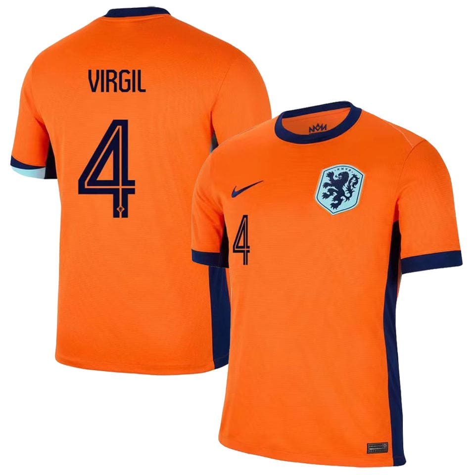 d438b68026e1d6ee | UAE SPORT STORE Orange Netherlands football jersey front with crest, number 4 (Virgil van Dijk) and navy trim.