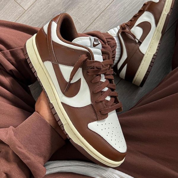 Brown and white Nike sneakers with cream soles, shown from a tilted side view.