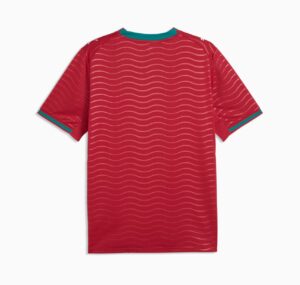 d4676e9f-6165-49f0-b93b-ced3214494eb | UAE SPORT STORE Red short-sleeve shirt with teal neckline and teal sleeve cuffs, featuring a white wavy stripe pattern across the fabric