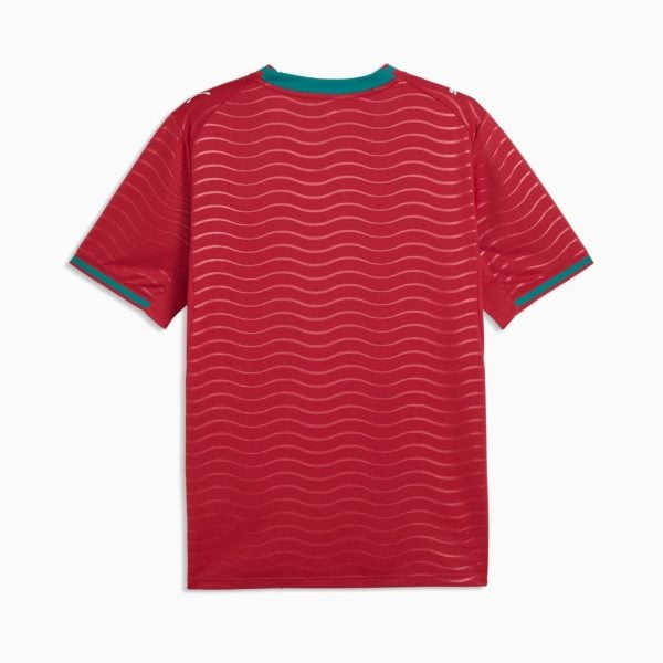 Red short-sleeve shirt with teal neckline and teal sleeve cuffs, featuring a white wavy stripe pattern across the fabric