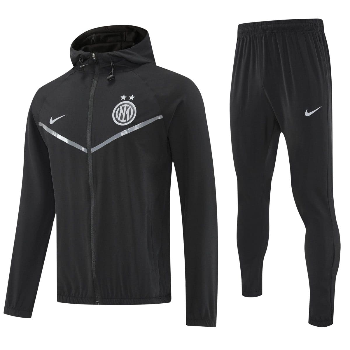 Black hooded zip-track jacket with Inter Milan crest and Nike logo, paired with matching black pants and a diagonal reflective stripe across the chest area.