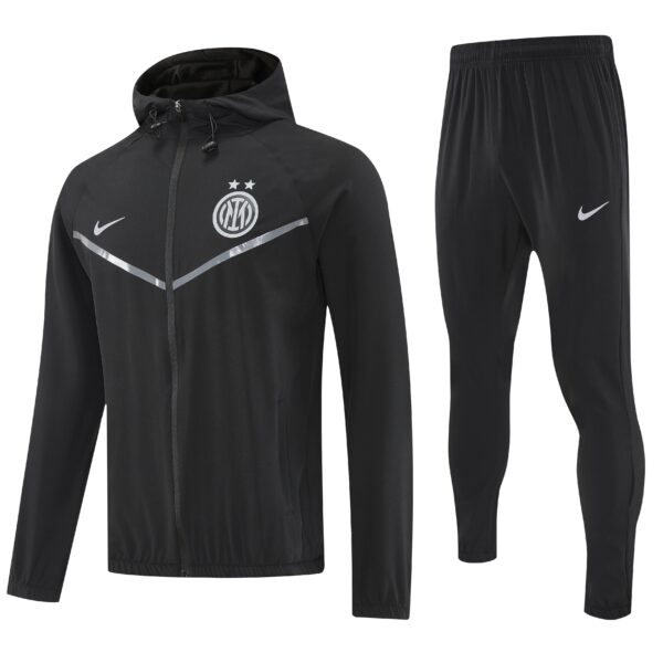 Black hooded zip-track jacket with Inter Milan crest and Nike logo, paired with matching black pants and a diagonal reflective stripe across the chest area.