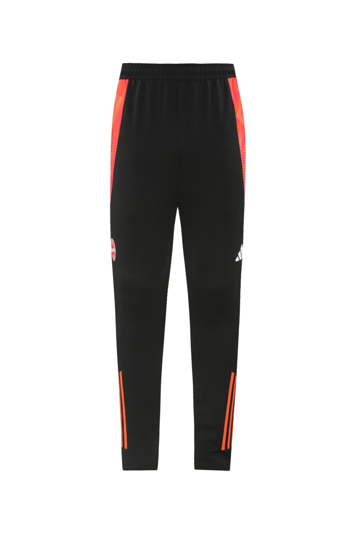 Black training joggers with bright orange side panels and stripe details on the calves/legs, front view.