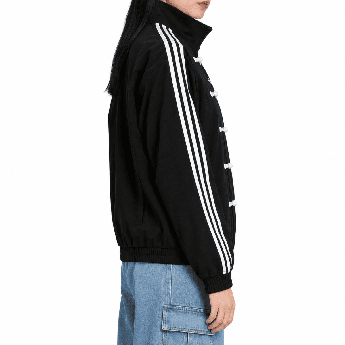 Black adidas casual jacket with white stripes and toggle buttons, unisex fit.