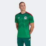 Male model wearing green Mexico national team soccer jersey with Adidas logo and crest, looking to the left.