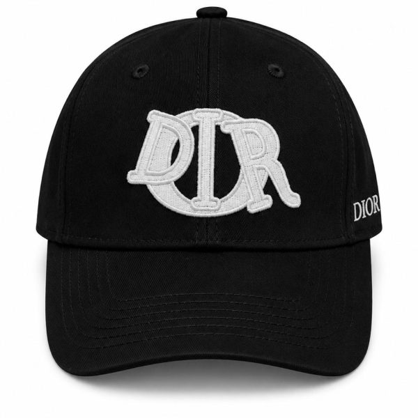 Black baseball cap with a large white embroidered logo on the front and 'DIOR' lettering on the side.