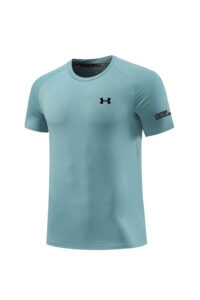 Light blue perforated Under Armour performance T-shirt with UA logo on chest and 'Under Armour' on the left sleeve edge.