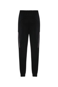 d92137be | UAE SPORT STORE Black athletic jogger pants, back view, with pink piping along the outer seams, elastic waistband and cuffs